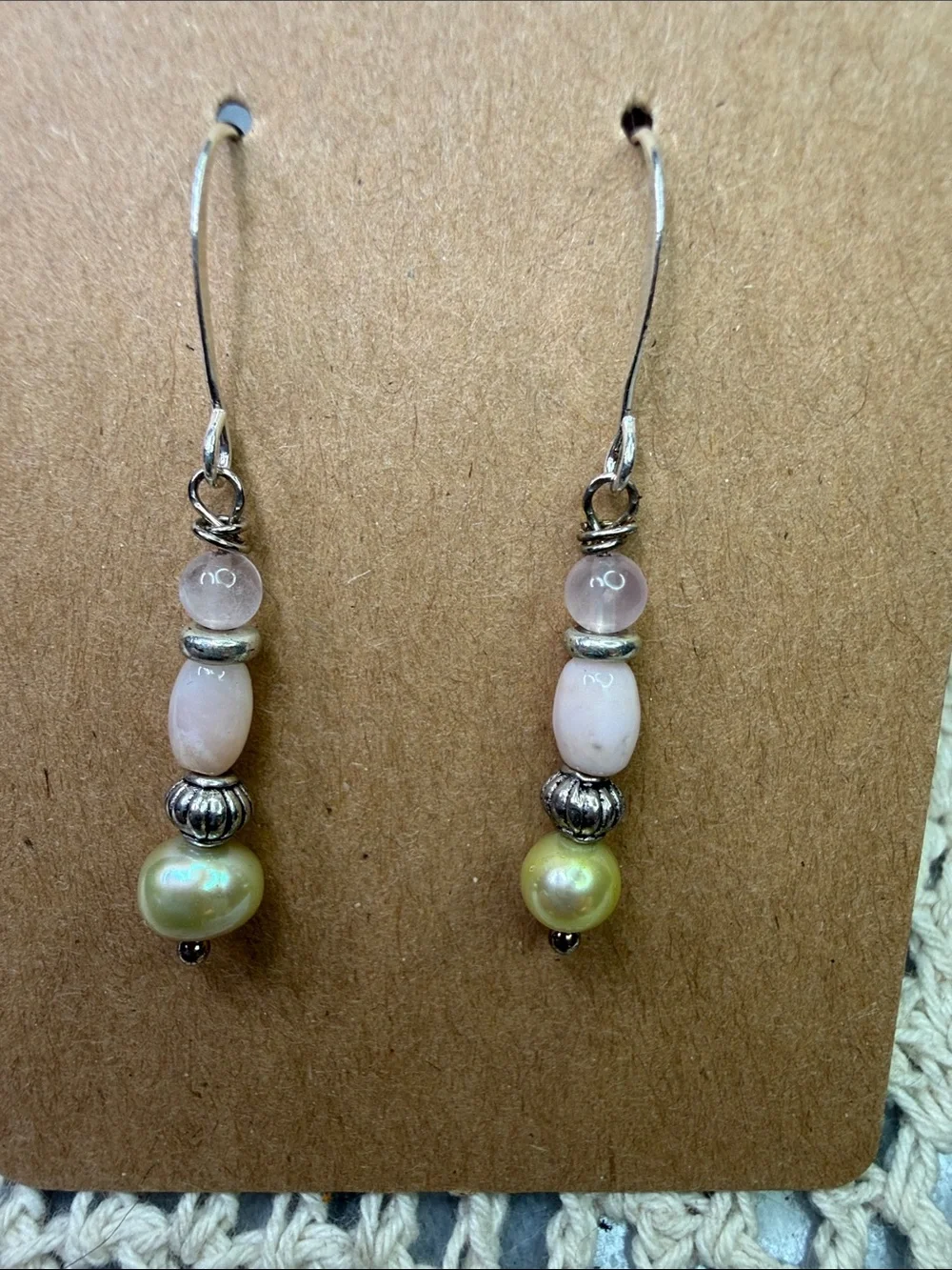Handcrafted Green Pearl, rose quartz and pink opal Beaded Drop Earrings